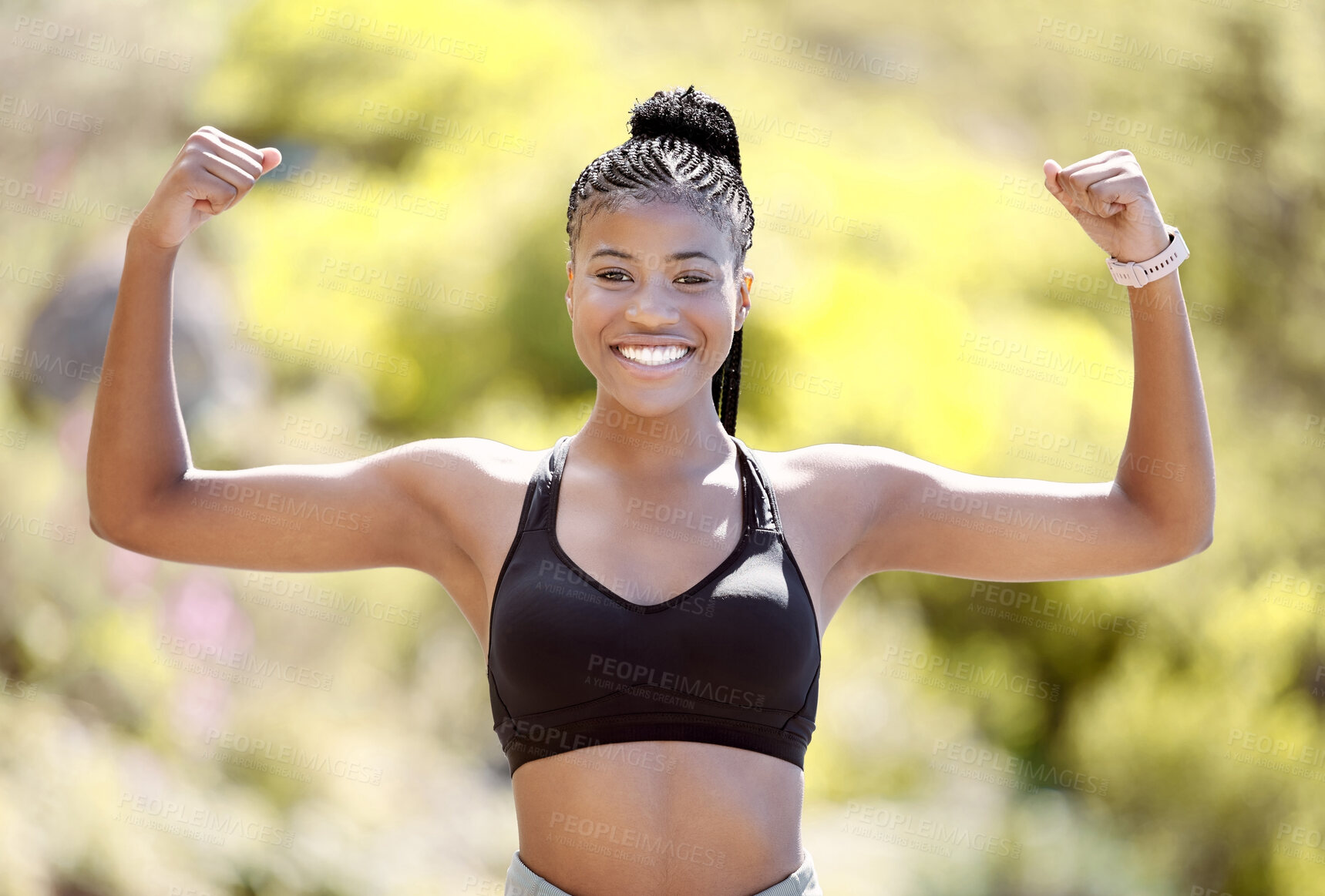 Buy stock photo Sports woman with strong biceps doing exercise and training. Portrait of young black woman showing strength, fitness and muscles after exercising outside in nature. Motivation and workout for female