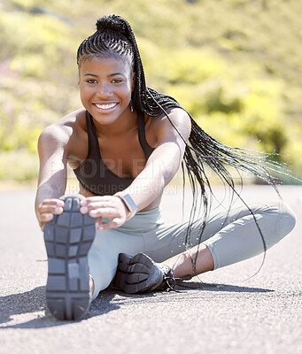 Buy stock photo Sport, fitness and stretching with a sports woman getting ready for a workout, exercise or training on a road outside. Health, wellness and stretch with a female athlete at the start of a routine