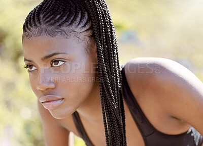 Buy stock photo Running nature, sports motivation and black woman thinking about fitness, idea for cardio exercise and start of health journey in park. Face of focused and determined African runner athlete training
