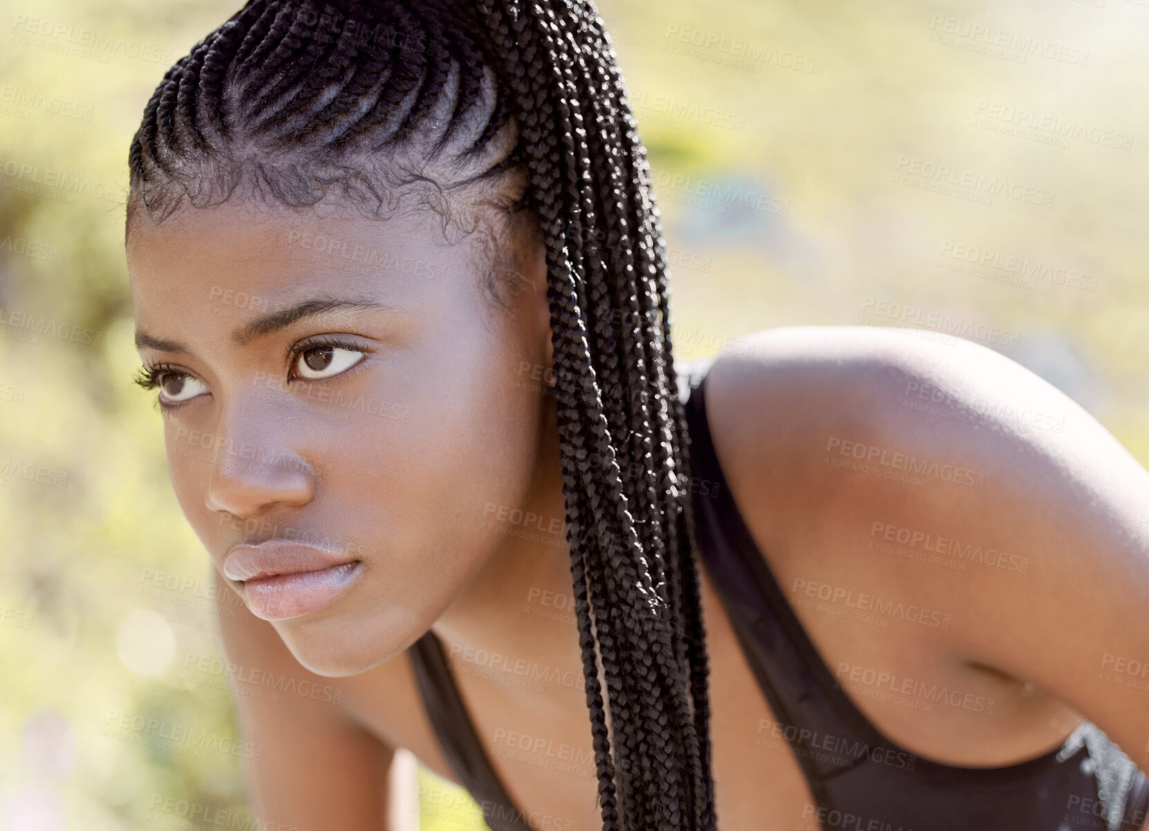 Buy stock photo Running nature, sports motivation and black woman thinking about fitness, idea for cardio exercise and start of health journey in park. Face of focused and determined African runner athlete training