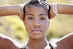 Determined face, fitness training and black woman running for motivation, cardio exercise for health and healthy lifestyle in park. Portrait of focused athlete runner doing workout in nature