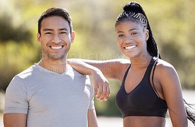 Buy stock photo Fitness people, interracial couple and exercise for cardio training while looking happy, energy and leaning for support and accountability. Portrait of man and woman active for health and wellness