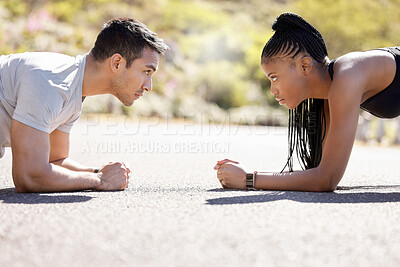 Fitness, workout and plank exercise of couple training cardio in a street together. Focus, motivation and teamwork or collaboration of a healthy sport athlete and trainer in a road or floor in summer