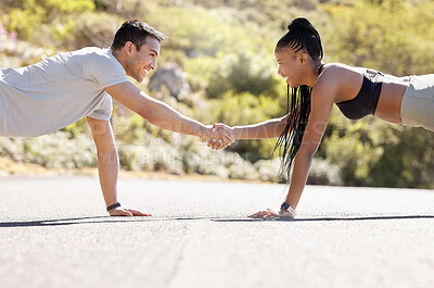 Buy stock photo Motivation, fitness and handshake by exercise partnership deal with athletic couple shaking hands in workout challenge outdoors. Friends, hands and pushup fun with sports, bonding and competitive 