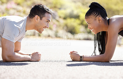 Buy stock photo Energy, exercise and couple plank workout outdoors, bonding, playful and competitive in nature. Training, motivation and interracial relationship by man and woman enjoy cardio fitness challenge 