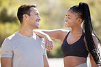 Asian man, black woman and fitness teamwork in nature park and garden environment in workout, training and exercise. Happy, smile and motivation personal trainer, friends and people with sports goals