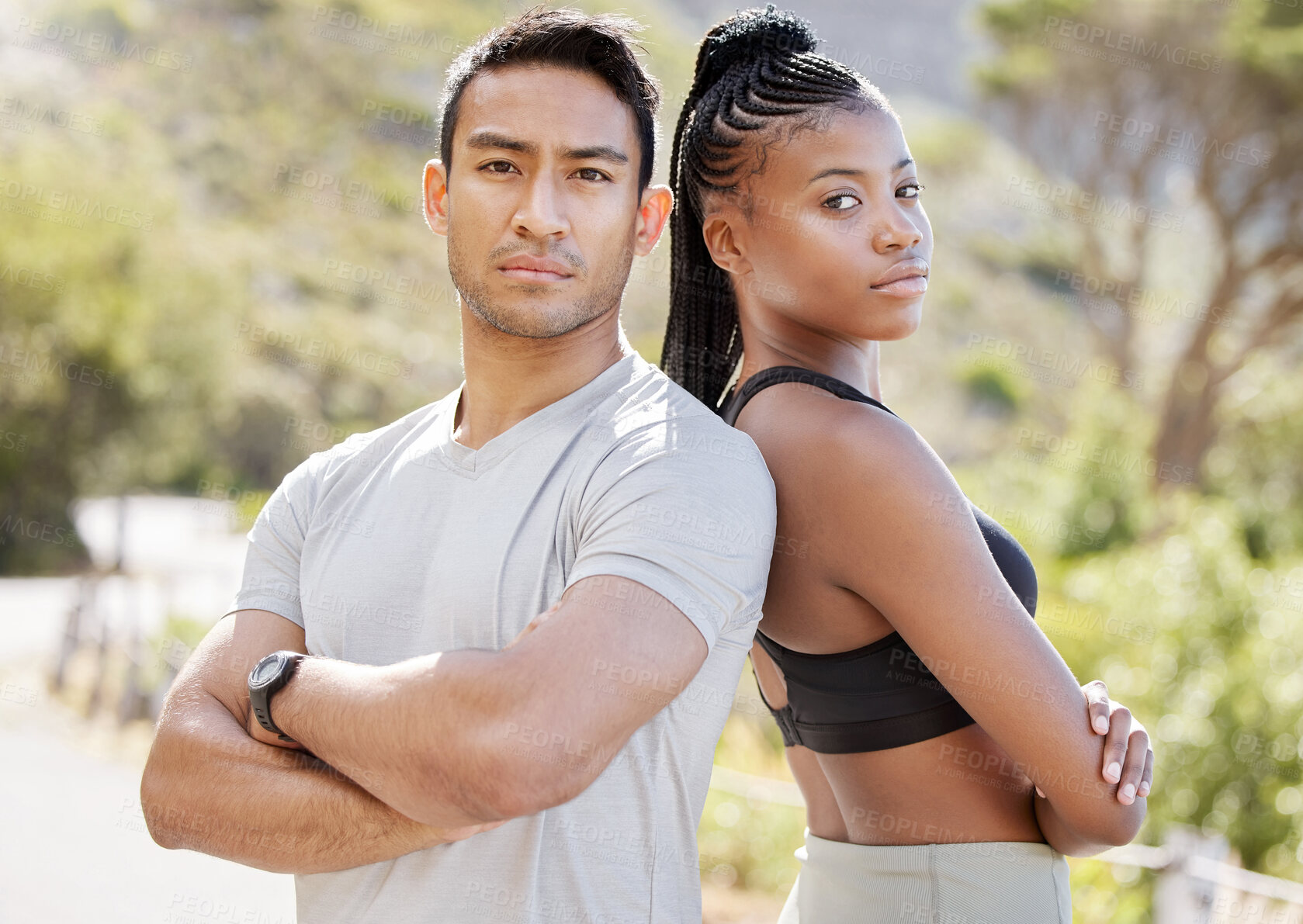 Buy stock photo Fitness, motivation and couple standing in power, ready to challenge endurance with a cool, proud attitude. Health, training and mean personal trainer partner leading in sport and healthy living