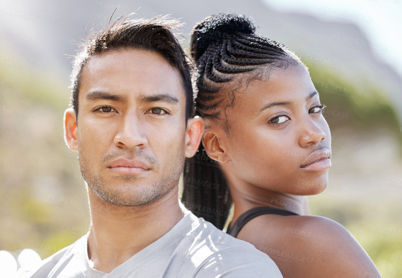 Buy stock photo Fitness, challenge and black woman with personal trainer ready for a cardio exercise, training and workout outdoors. Motivation, healthy and Asian runner with his African partner in nature in summer