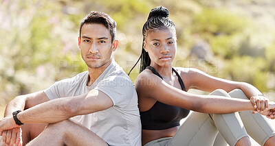 Buy stock photo Man with rest black woman on hiking, training or running trip in nature together with confidence. Fitness people take break, exercise or workout outside at park for health and wellness of body
