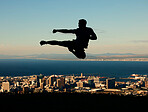 Silhouette of man doing karate with sky and city in the background. Outline of male athlete punching and kicking in the air in martial arts motion. Motivation, inspiration and urban warrior