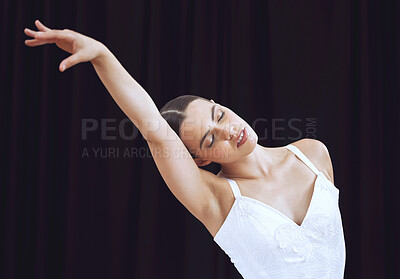 Buy stock photo Ballet, dance and art with woman in theater performance for modern show, creative and motivation on stage. Concert, artist and dancing with ballerina dancer training for movement, vision or lifestyle
