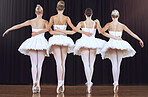 Ballet women at stage dance performance or show performing elegant abstract dancing routine back view. Collaboration, teamwork and ballerina dancer team working together in creative beauty recital