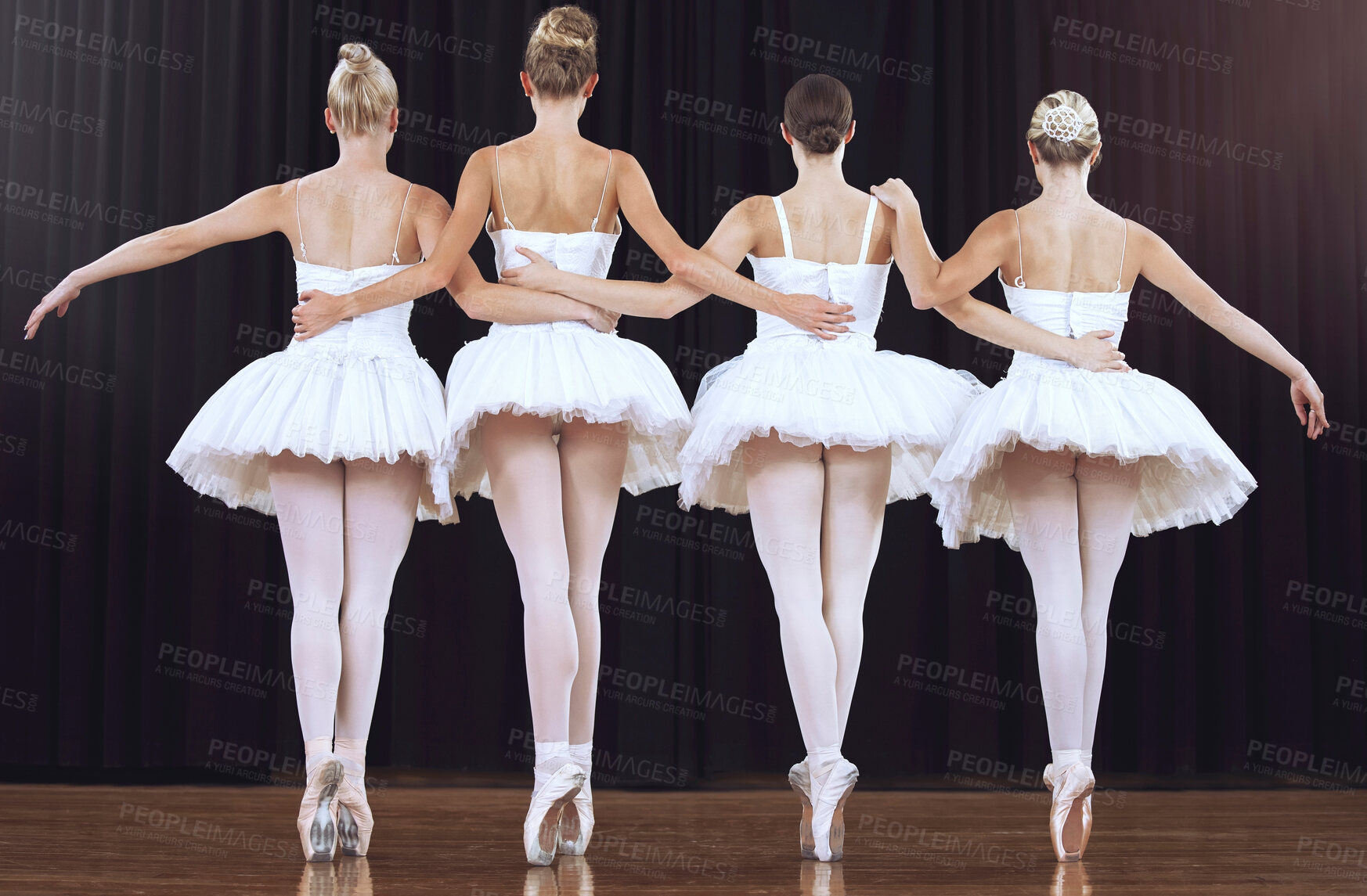 Buy stock photo Ballet women at stage dance performance or show performing elegant abstract dancing routine back view. Collaboration, teamwork and ballerina dancer team working together in creative beauty recital