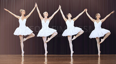 Buy stock photo Women, ballet and theatre stage dance people in routine for creative theater art, group training or dancing performance. Students, dancer friends or studio ballerina artists in elegant learning class