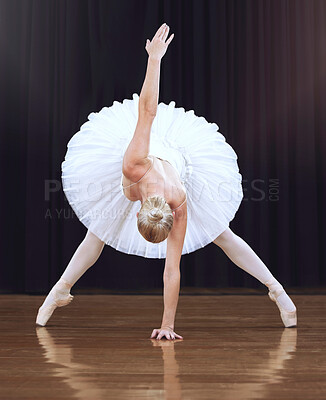 Buy stock photo Ballet woman dancer, dancing on a theatre stage and doing a creative artistic performance. Training to dance means fitness, flexibility and balance. Routine is elegant, abstract and highly conceptual