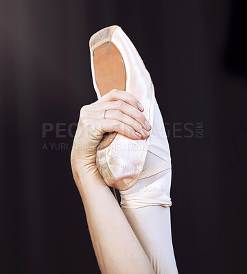 Buy stock photo Dancer hand and foot on ballet shoe and hand, show posture and balance at dance class. Zoom of woman dancing in studio, practice or training  during professional performance or recital in a theater
