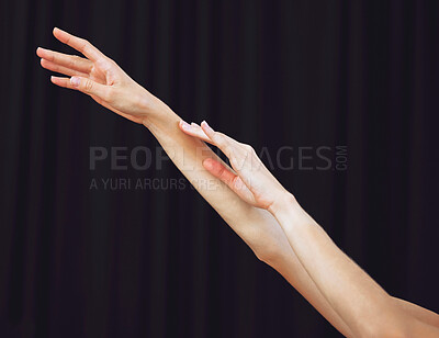 Buy stock photo Woman, hands or ballet dance on black background in theatre, studio or theater stage training performance. Zoom, texture and ballerina arms or creative student artist in learning beauty dancing class