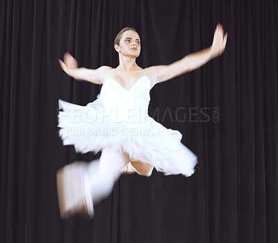 Buy stock photo Ballet woman dancer, dancing does dance jump in air during creative stage performance. Professional ballerina practicing training balance, fitness and energy for a theatre production or opera concert