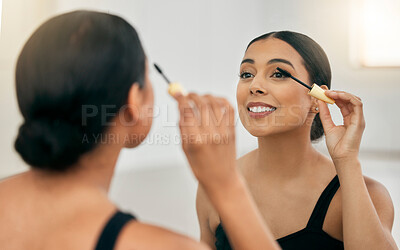 Buy stock photo Woman, makeup and mascara in a mirror for beauty on her eye with a smile in a room. Young beautiful latino female with cosmetics and skincare daily routine on her face with a brush for fashion