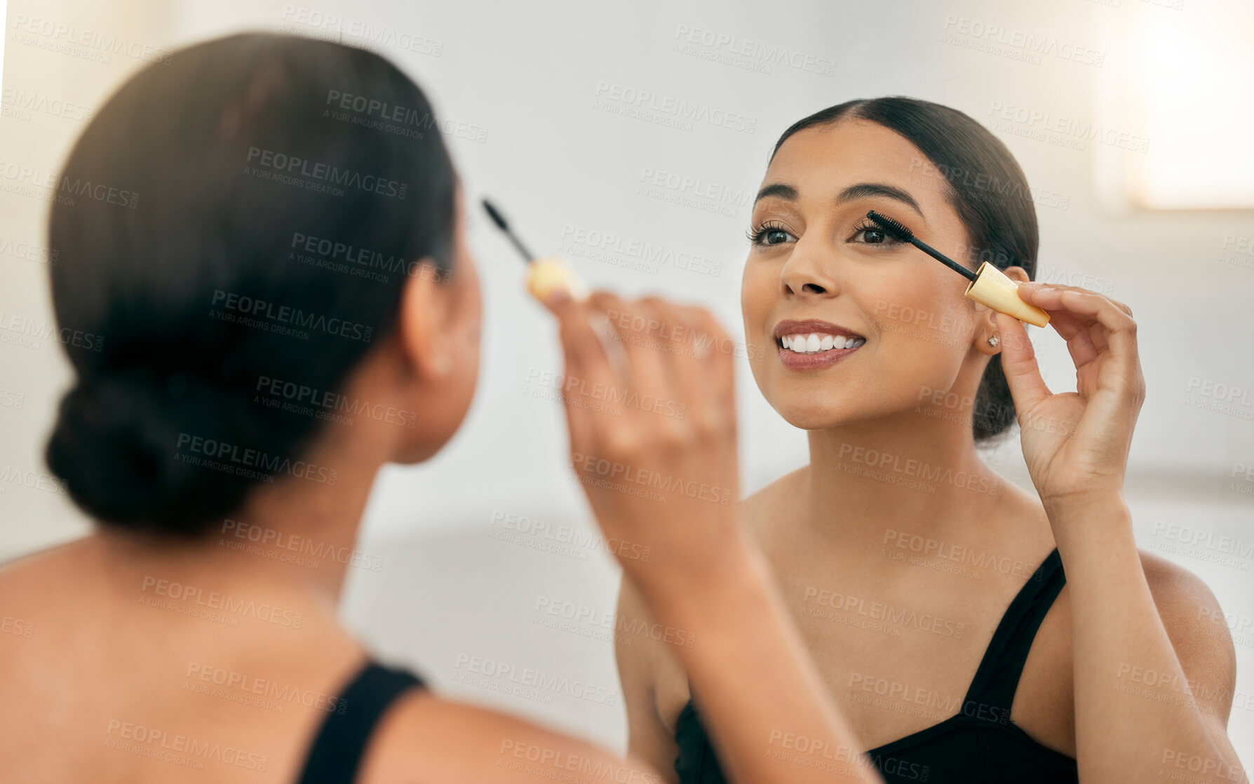 Buy stock photo Woman, makeup and mascara in a mirror for beauty on her eye with a smile in a room. Young beautiful latino female with cosmetics and skincare daily routine on her face with a brush for fashion
