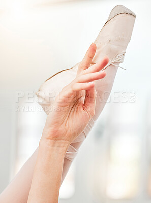 Buy stock photo Ballet feet and dance shoes in air for athlete stretching legs for balance fitness exercise. Ballerina sports girl training for competition with professional footwear for foot precision.


