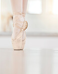 Zoom of dancer feet on floor, ballet shoe and tip of toes, show posture and balance at dance practice. Closeup of girl dancing in studio training, during professional performance or recital