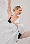 Ballet art, classic dance and woman training posture technique for professional performance routine. Elegant, strong and focus ballerina dancing with passion for healthy body hobby in fitness studio