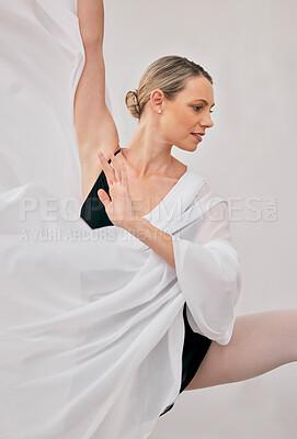 Buy stock photo Ballet art, classic dance and woman training posture technique for professional performance routine. Elegant, strong and focus ballerina dancing with passion for healthy body hobby in fitness studio