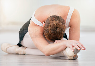 Buy stock photo Ballet training, dance or stretching with woman ballerina for training, dancing or fitness exercise in studio. Artist, dancer or girl with balance, flexible body or creative skill learning in theatre