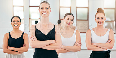 Buy stock photo Ballet class, dance school and women portrait of smile, happiness and standing arms crossed after training, practice and exercise. Ballerina girls with teacher for fitness, rehearsal and performance