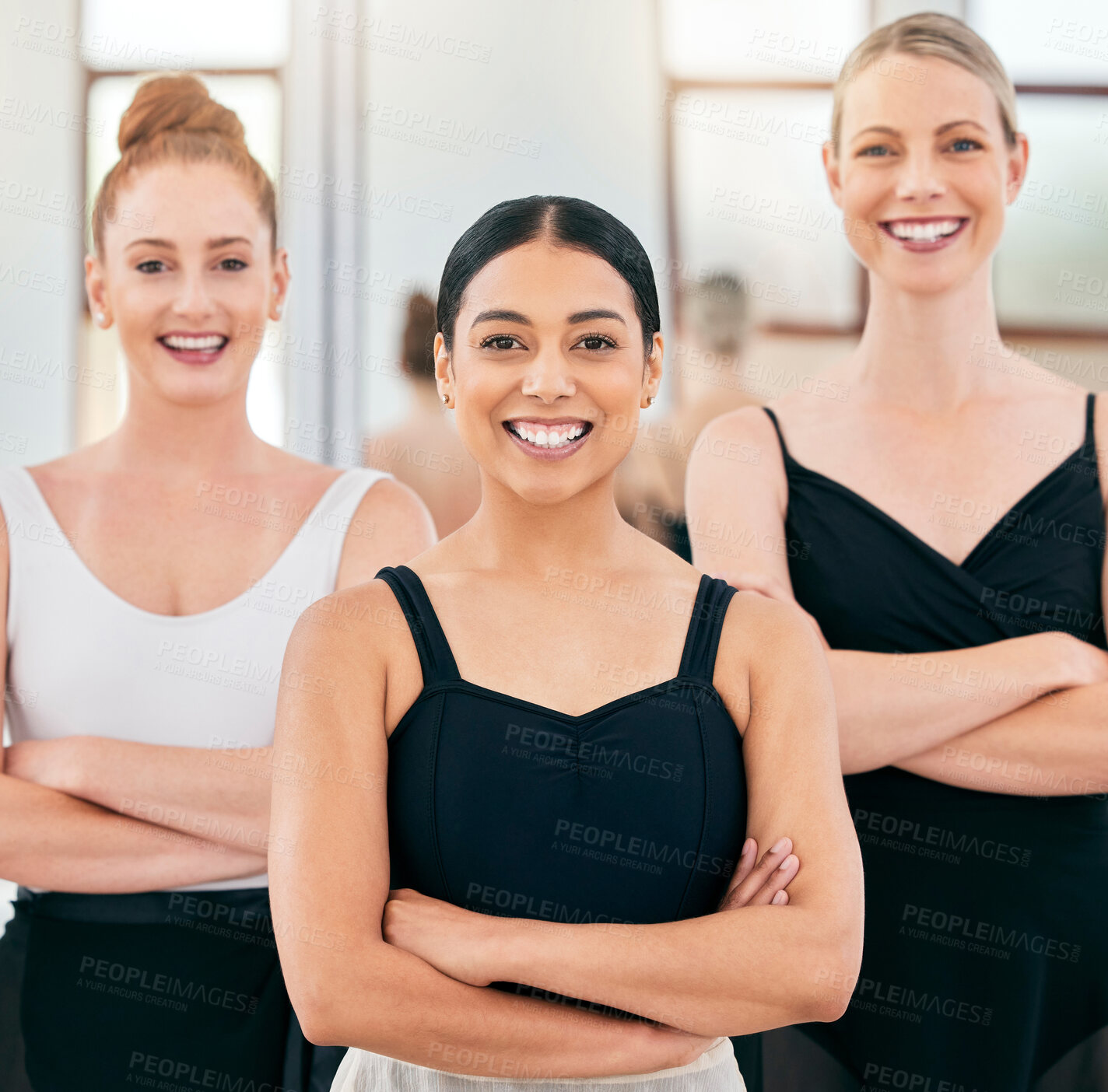 Buy stock photo Happy, women and ballet team with smile, crossed arms and confidence for success in art studio happiness together. Portrait of a group of confident ballerina dancers smiling in teamwork routine