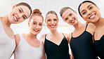 Ballet portrait, happy group and women training for dance competition, smile for team class and hug for support at studio. Ballerina dancer people dancing for professional performance together