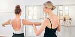 Ballet, dance and learning with a woman teacher and student dancer dancing and training in a performance studio. Fitness, education and exercise with a female ballerina and her instructor by a mirror