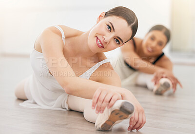 Buy stock photo Ballet, flexible and dancer stretching in class to warm up before starting dancing, active and training session in studio. Artistic, ballerina and young girls at practice hobby, activity and ready