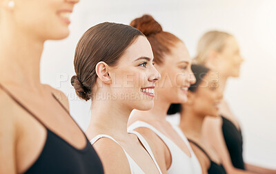 Buy stock photo Ballet, audition and women in dance academy studio with smile, motivation and vision for art performance. German ballerina girl dancer with group or team feeling proud after dancing together