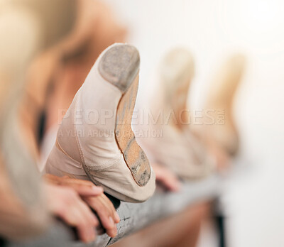 Buy stock photo Ballet women feet and shoes at dance practice, training and working on dancing routine for performance art recital. Legs and hands of dancer or prima ballerina girl stretching before start of workout