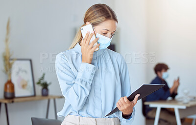 Buy stock photo Woman, covid face mask or business phone call in marketing office, advertising startup or creative company. Worker or virus compliance employee with paper research documents for mobile b2b sales deal