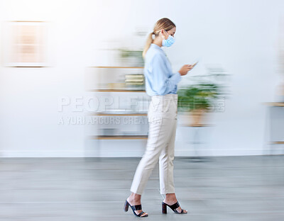 Buy stock photo Covid mask in office, woman walking with phone doing business in fast pace workplace with protection and typing email. Professional employee safety in corona virus, company healthcare and busy blur