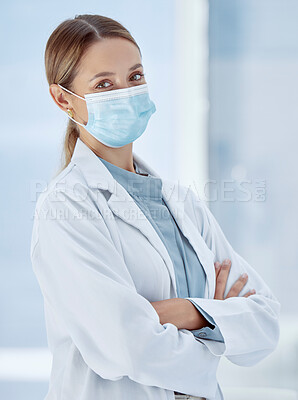 Buy stock photo Covid, face mask or woman doctor in hospital compliance for healthcare, medicine innovation or medical motivation to stop virus. Portrait, trust or insurance support worker in global disease research