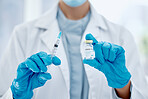Covid, vaccine and hands of a medical doctor holding the needle and syringe for an injection. Medicine, science and closeup of healthcare worker with a pharmaceutical virus treatment in a glass vial.
