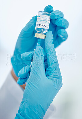 Buy stock photo Covid vaccine, healthcare hands and needle for medical safety and protection against corona virus. Doctor with glass bottle liquid container for medicine research innovation, hospital or clinic help