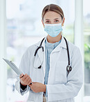 Medical doctor in covid hospital portrait, health safety compliance and  healthcare professional woman with face mask. Expert consultation, clinical medicine work and clipboard examine virus results