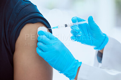 Buy stock photo Healthcare nurse and covid vaccine patient injection for virus immunity and protection in pandemic. Closeup of medical worker with coronavirus vaccination syringe for serious sickness prevention

