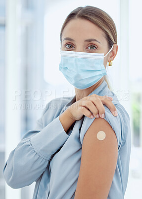 Buy stock photo Woman with plaster on arm from covid vaccine and mask, medical injection and corona virus for immune system, wellness and clinic healthcare. Female patient with flu vaccination, treatment and risk