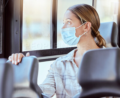 Buy stock photo Covid, travel and compliance in bus with a woman in public transport, safety and hygiene with corona rules. Health, wellness and social distance with girl looking out window while travelling in city