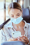 Smartphone, public transport and woman with covid face mask reading online safety compliance news. Girl travel in city on bus or train and check corona virus results, update or statistics on internet