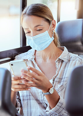 Buy stock photo Covid, phone and bus with a woman in a mask using public transport to travel or commute while checking her immigration status online. 5g, safe and mobile with a female in the corona virus pandemic