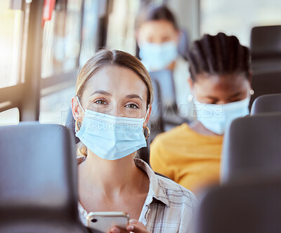 Buy stock photo Woman, covid and mask on bus with phone for travel safety public transport commute. Portrait, health and healthcare female with ppe, corona protection and social media, online 5g mobile and web app.

