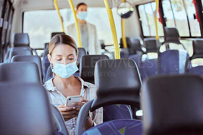 Buy stock photo Covid, travel and phone social media with mask for illness prevention on public bus trip. Safety protocol girl face protection online with mobile app for transport leisure entertainment.