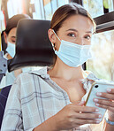 Covid, bus and mask portrait with smartphone for public commute digital entertainment online. Girl travelling with pandemic protection for social distance enjoying 5g mobile connection.
